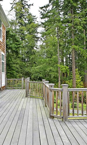 Wooden deck on house near forest